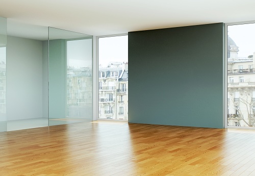 Empty room with white walls, windows and parquet 3d Illustration