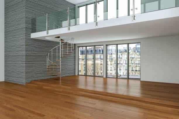 istock Empty room with white walls, windows and parquet 999852136
