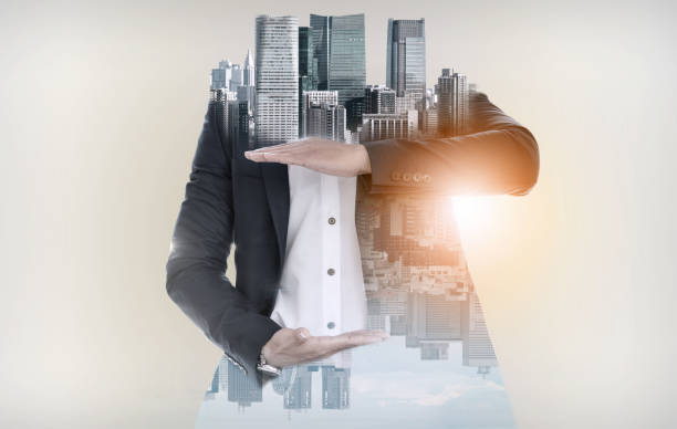 istock Surreal businessman open hand for your text. 999852618