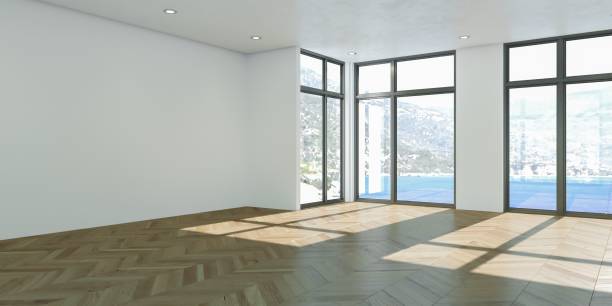 istock Empty room with white walls, windows and parquet 999854794