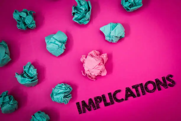 Photo of Word writing text Implications. Business concept for Conclusion State of being involved Suggestion Insinuation Hint Ideas messages thoughts pink background crumpled papers several tries.