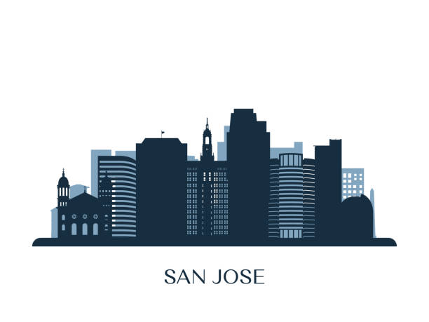 ilustraciones, imágenes clip art, dibujos animados e iconos de stock de skyline de san josé, silueta monocromo. ilustración de vector. - tourist silhouette symbol computer icon