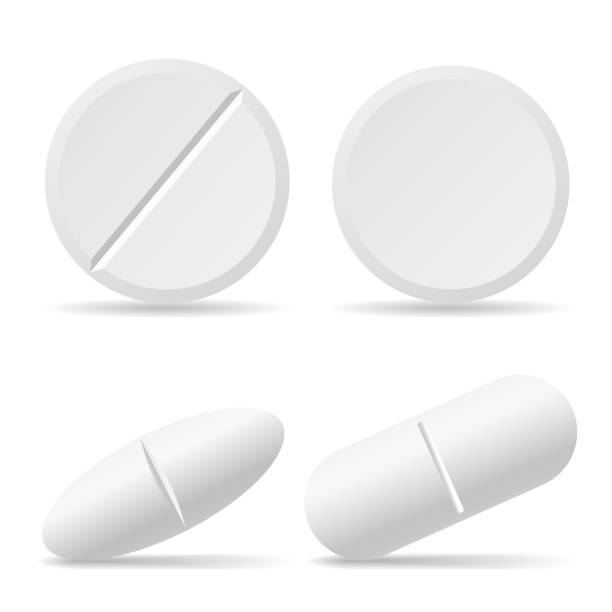 에 격리 된 흰색 배경 그림자, 원형과 타원형-약 알 약의 벡터 일러스트 레이 션의 설정 - capsule pill white nutritional supplement stock illustrations