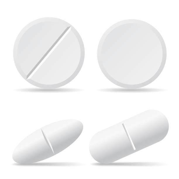 ilustrações de stock, clip art, desenhos animados e ícones de set of vector illustrations of drug pills with shadows, round and oval - isolated on white background - capsule vitamin pill white background healthcare and medicine