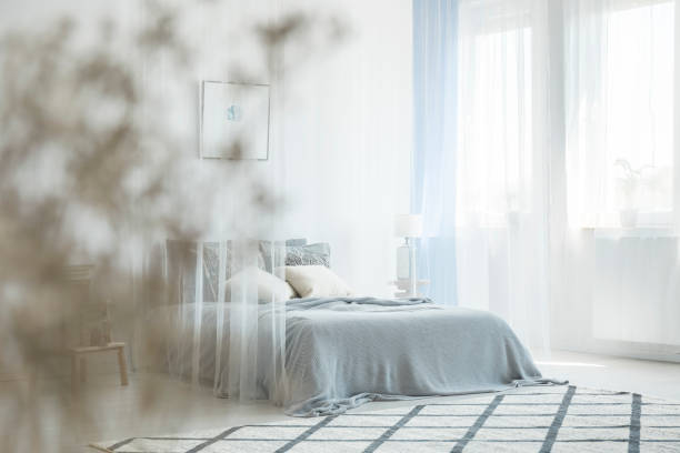 istock White bedroom interior with carpet, window with drapes and king-size bed with canopy in the photo with blurred foreground 999868312