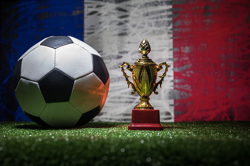 soccer ball and trophy on grassy football pitch at stadium