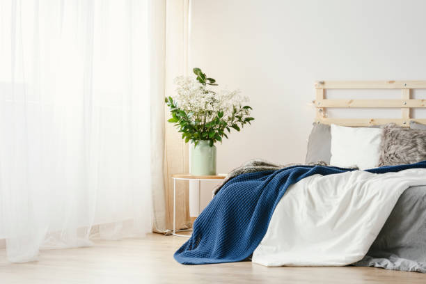 istock Navy blue blanket thrown on double bed with lights on bedhead standing in white bedroom interior with plants on table and window with curtains 999869192