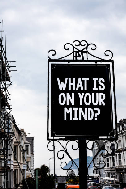 istock Handwriting text writing What Is On Your Mind Question. Concept meaning Open minded thinks of intellectual innovation Vintage black board white letters words cloudy background old city ideas. 999873008