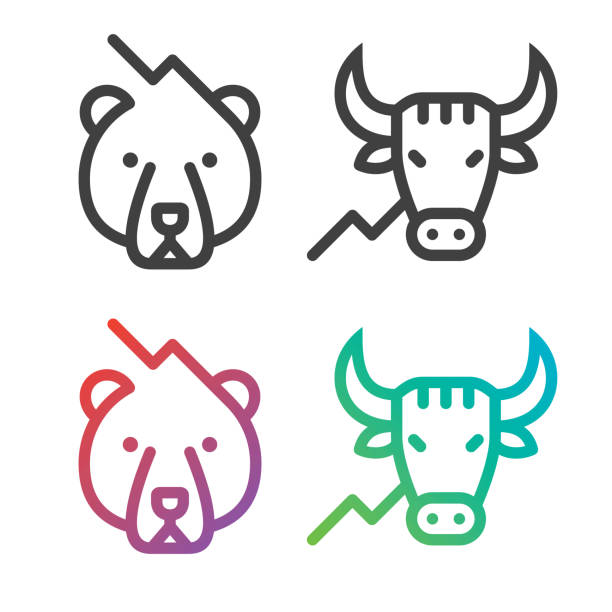 illustrazioni stock, clip art, cartoni animati e icone di tendenza di icone della linea di borsa - stock market bull bull market bear