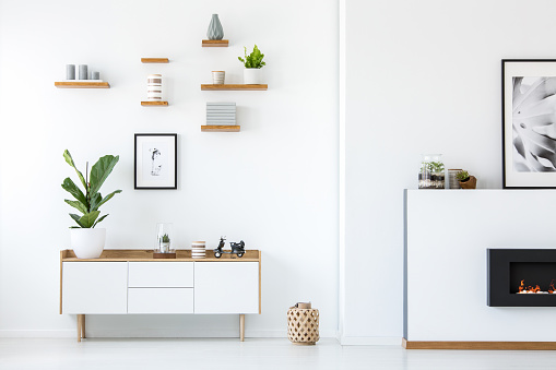 Planta en madera armario blanco en interior de apartamento con carteles y chimenea. Foto real photo