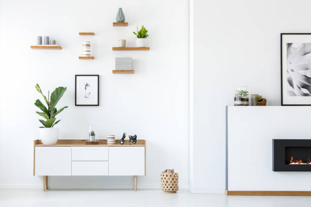 planta en madera armario blanco en interior de apartamento con carteles y chimenea. foto real - shelf fotografías e imágenes de stock