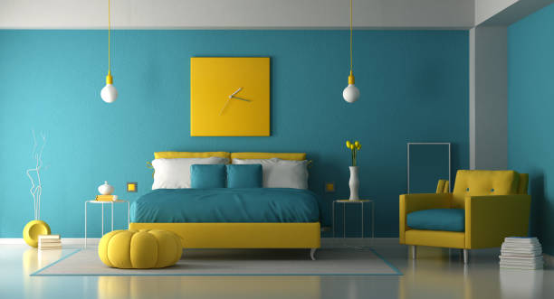 Blue and yellow master bedroom