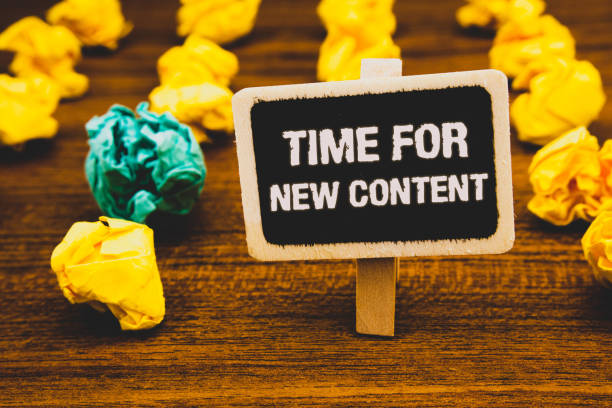 istock Text sign showing Time For New Content. Conceptual photo Copyright Publication Update Concept Publishing Blackboard with letters wooden floor blurry yellow paper lumps green lob. 999893084