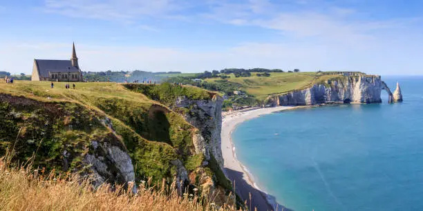 Spectacular white chalk cliff near Etretat Normandy, France