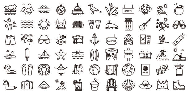 Big summer vacations icon set. Vector thin line illustrations with objects, activities and places related with traveling, tourism, outdoors in the beach and mountain, camping, resorts and hotels. vector eps10 camping symbols stock illustrations
