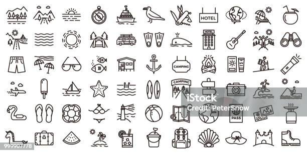 Big Summer Vacations Icon Set Vector Thin Line Illustrations With Objects Activities And Places Related With Traveling Tourism Outdoors In The Beach And Mountain Camping Resorts And Hotels Stock Illustration - Download Image Now