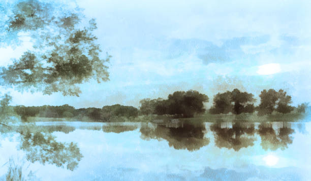 istock Watercolor background, sunset on a pond, blue 999930240