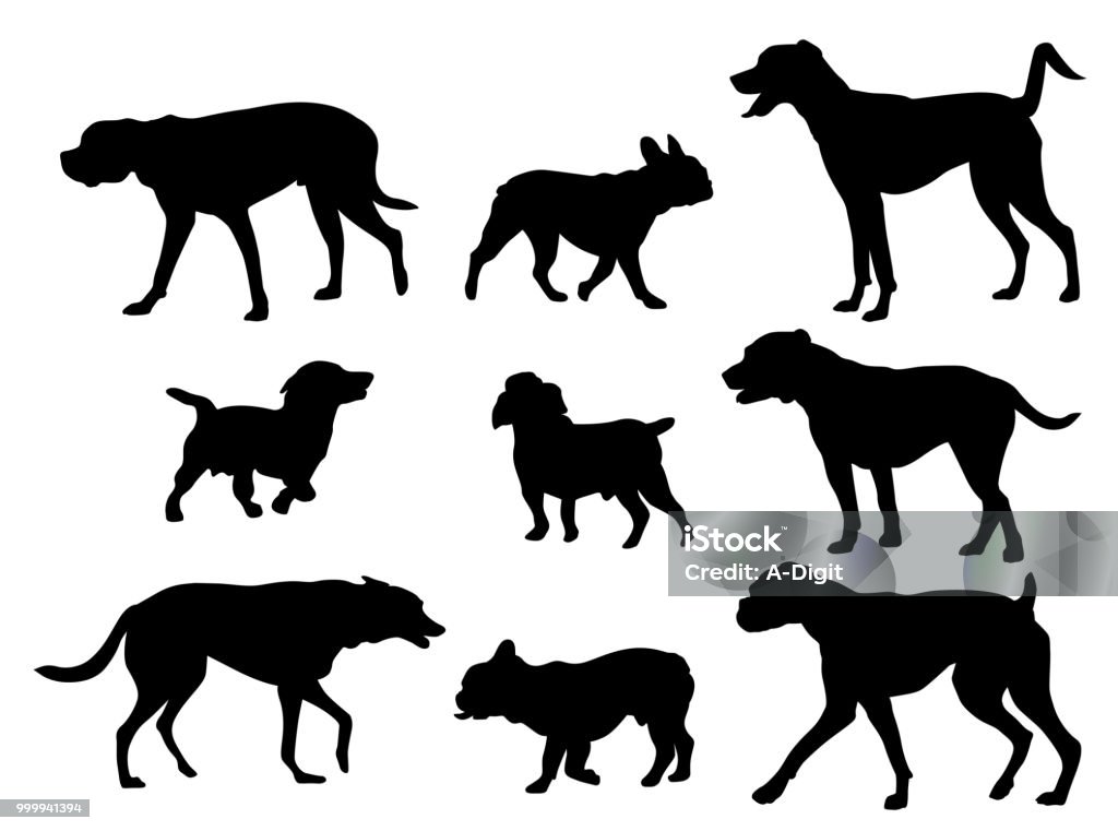 French Bulldog And Friends Collection of various dog breeds in silhouette vector illustration In Silhouette stock vector