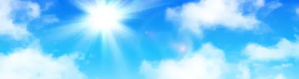 Vector illustration of Sunny background, blue sky with white clouds and sun