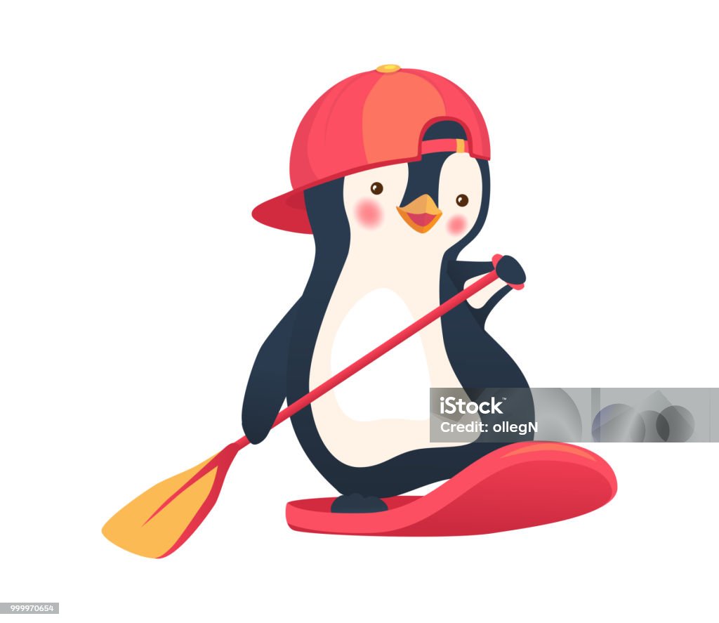 penguin floating on a SUP board Penguin floating on SUP board. Paddle board. Penguin vector illustration Bird stock vector