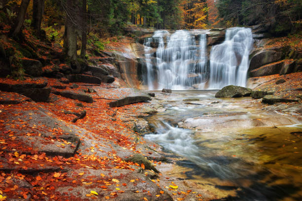 Mumlava Waterfall (Mumlavsky Vodopad) near Harrachov in autumn scenery of Krkonose Mountains, Czechia, (Czech Republic), Europe