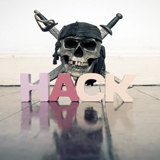 skull and crossbones with the word HACK on a old wooden floor with reflection