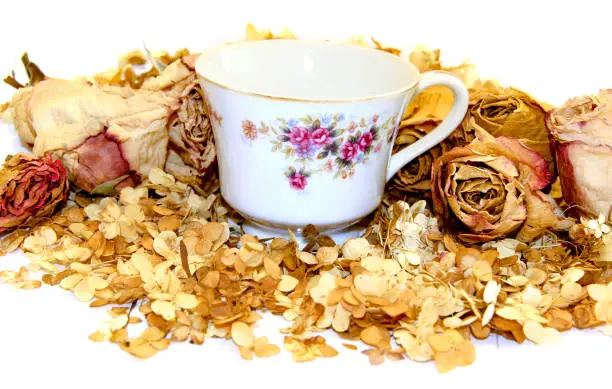 Photo of tea pair of fine porcelain among scattered petals of hydrangea and rose flowers  background