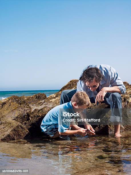Father And Son Playing At Seashore Stock Photo - Download Image Now - Child, Contemplation, Family with One Child