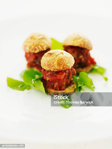 Meatball Sliders In Gouger Pastry With Watercress And Sea Salt Closeup Stock Photo - Download Image Now