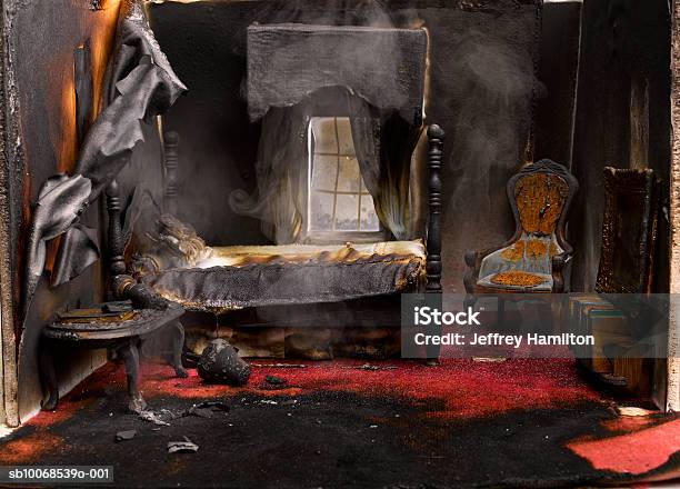 Fire In Bedroom Of Model House Closeup Stock Photo - Download Image Now - Fire - Natural Phenomenon, Burning, Damaged