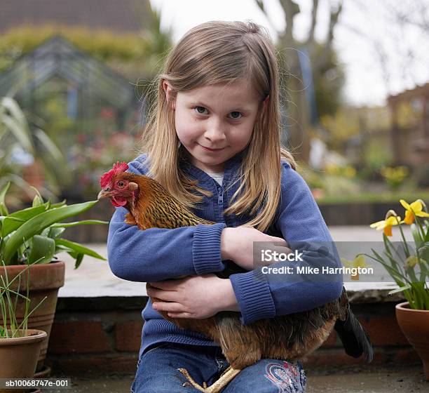 Girl Holding Chicken Smiling Portrait Stock Photo - Download Image Now - Chicken - Bird, Child, Childhood