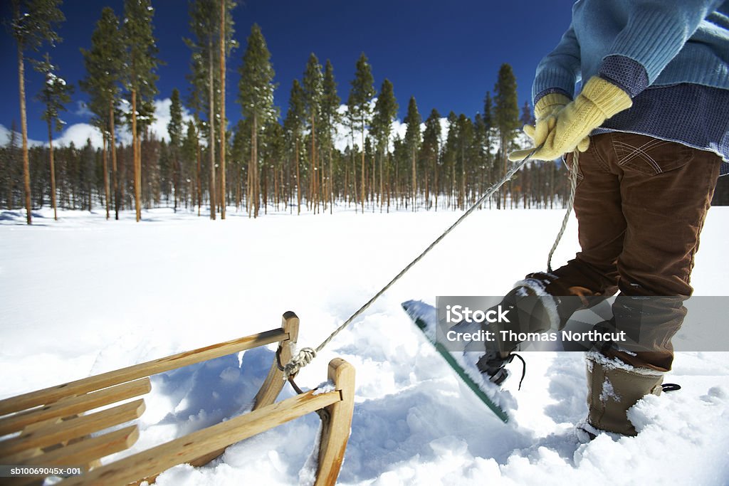 Girl (entre 8 y 9) con sled caminar en la nieve - Foto de stock de 8-9 años libre de derechos