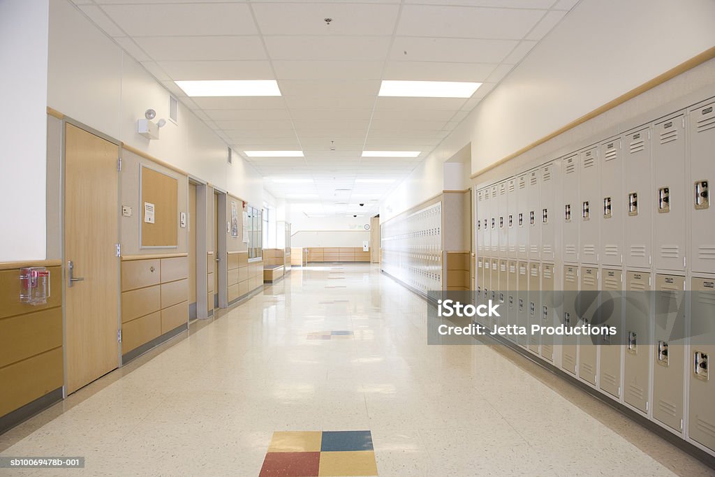 Lockers in empty high school corridor USA, Washington State, Bellevue, Interlake High School School Building Stock Photo