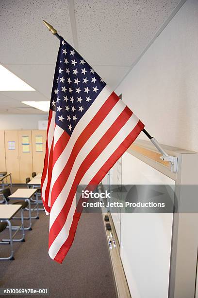 United States Flag In High School Classroom Stock Photo - Download Image Now - American Flag, Classroom, Flag