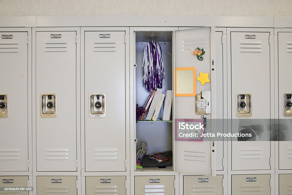 Open locker in high school USA, Washington State, Bellevue, Interlake High School Locker Stock Photo