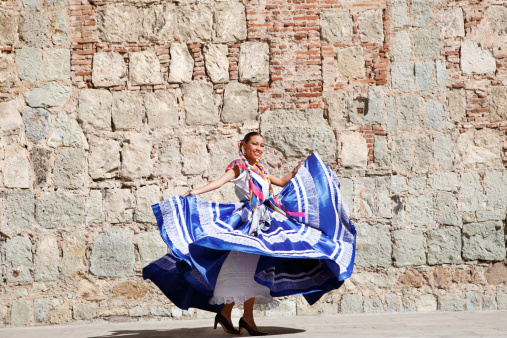 Puerto Vallarta, Mexico - January 28th 2020 Photo of folklore dancers dancing in a beautiful traditional dress representing mexican culture. Free event at port Marina Vallarta, performed by folkloric dance group Azteca.