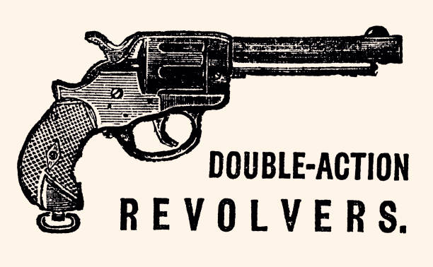 REVOLVER (XXXL with lots of details) A revolver, also called a six shooter or a wheel gun, is a repeating handgun that has at least one barrel and uses a revolving cylinder containing multiple chambers.
Vintage etching circa late 19th century. gun violence stock illustrations