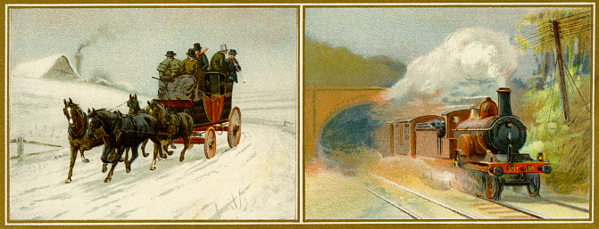 1897: TWO DIFFERENT ERAS OF TRANSPORT. Vintage engraving circa late 19th century. Digital restoration by Pictore.