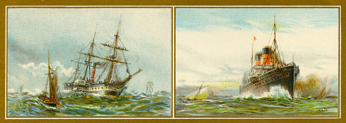 Different shipping during the victorian era... from painting by W. Willie. 
 Vintage engraving circa late 19th century. Digital restoration by Pictore.
