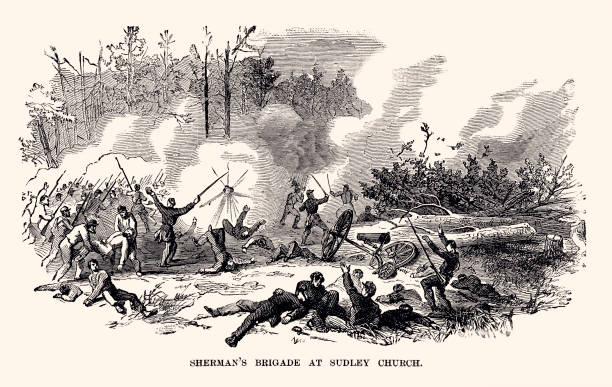 1861: бригада шермана в церкви садли (xxxl с большим количеством деталей) - gun violence stock illustrations