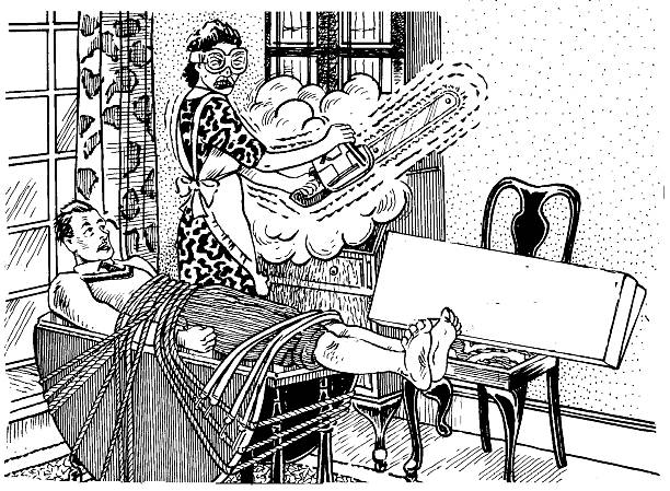 INFIDELITY An aggrieved wife prepares to fire up the chainsaw and teach her husband a lesson for his philandering ways divorce drawings stock illustrations