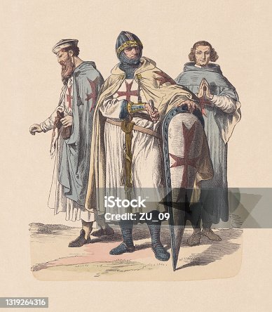 istock 12th-13th century, Knights Templar, hand-colored wood engraving, published ca. 1880 1319264316