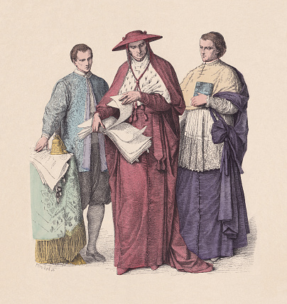 16th to 17th century: Vestments of the Roman Catholic Church: Chamberlain, Cardinal and Prelate (left to right). Hand colored wood engraving, published c. 1880.