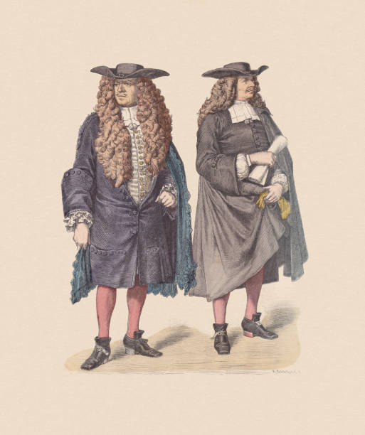 17th century, French costumes, Strasbourg, hand-colored wood engraving, published c.1880 vector art illustration