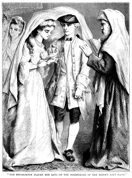 18th century Jewish marriage ceremony An 18th century Jewish marriage ceremony, in which the bridegroom is about to place the wedding ring on the bride’s forefinger in front of the Rabbi and beneath the wedding canopy. From “The Family Friend - with illustrations by First-class Artists”. Published by SW Partridge & Co, London in 1877. chupah stock illustrations