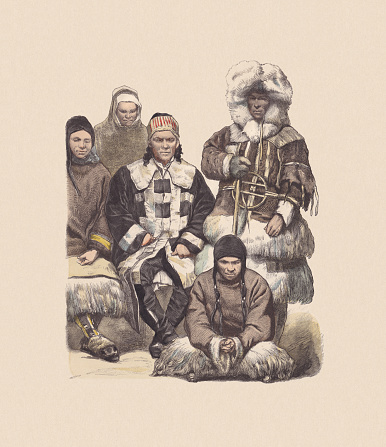 Nomadic people at the Amur river in Russia. Hand colored wood engraving, published ca. 1880.