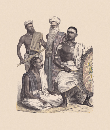 19th century, Asian costumes, India: Coolie (left). Muham (center). Kling (Tjetti, right). Hand colored wood engraving, published ca. 1880.