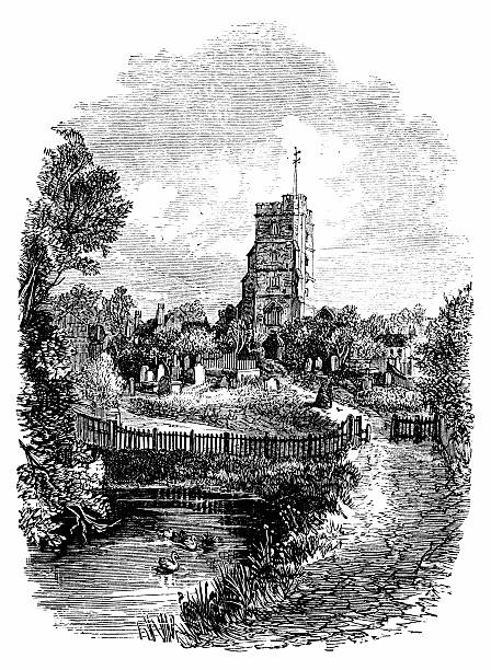 с 19-го века гравировка всех святой church, fulham, лондон, ве ликобритания - fulham stock illustrations