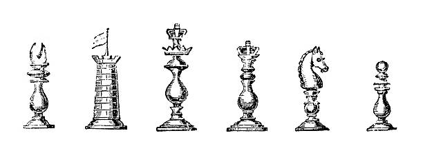 19th century engraving of chess pieces 19th century engraving of chess pieces, photographed from a book  titled 'The Boy's Own Book' published in London in 1846.  Copyright has expired on this artwork. Digitally restored. chess drawings stock illustrations