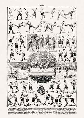 Illustration by Mijessertenne printed in a late 19th century french dictionary depicting all the moves from both French boxing and English boxing.